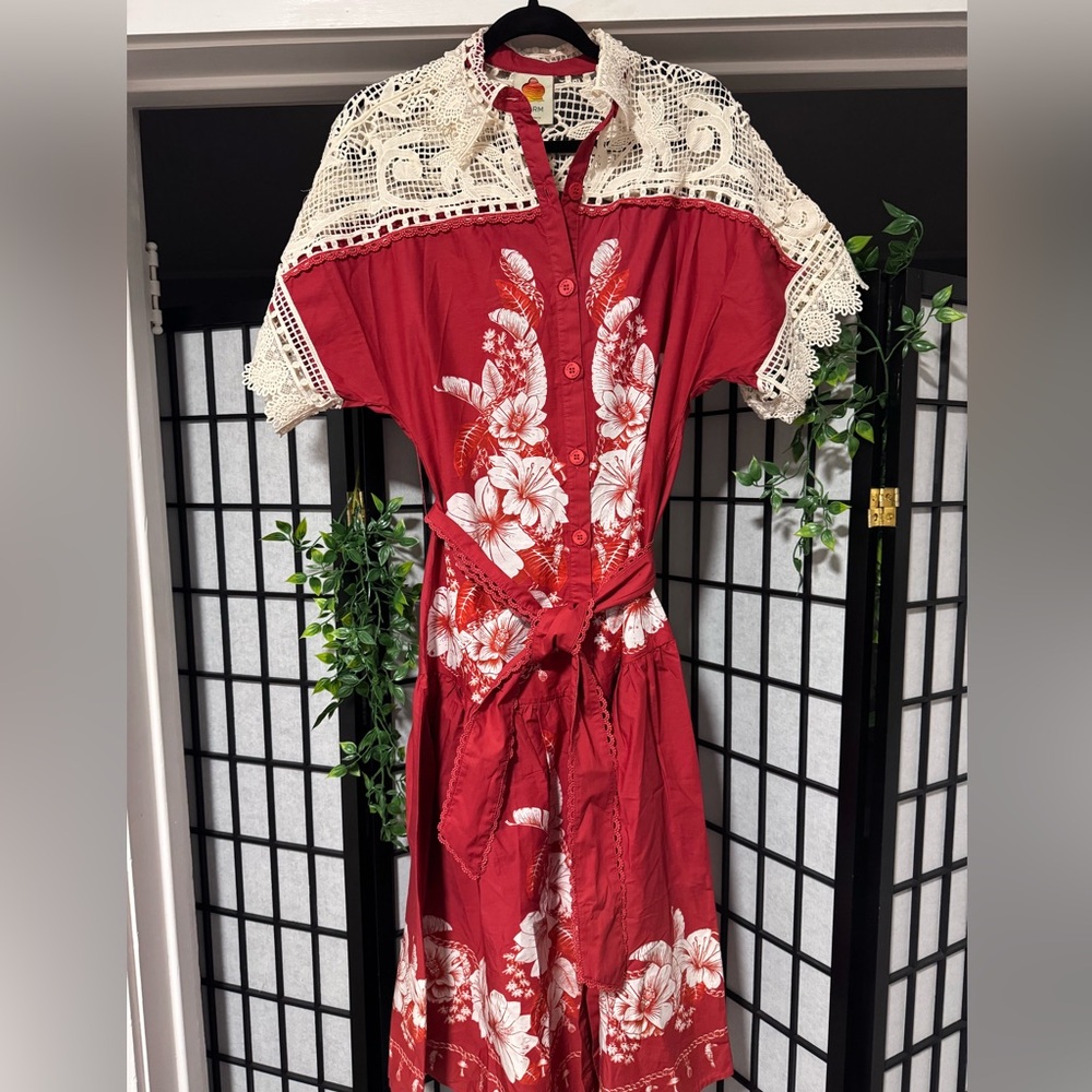 Farm Rio XXS Red Floral Chains Guipure Midi Dress - Picture 4 of 12